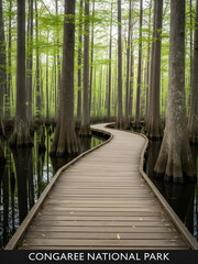 Scenic Boardwalk Through Cypress Swamp in Congaree National Park
