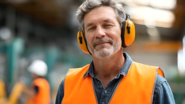 Faceless middle aged worker in safety vest and protective earmuffs industrial setting professional serious work expression manufacturing environment workplace safety equipment