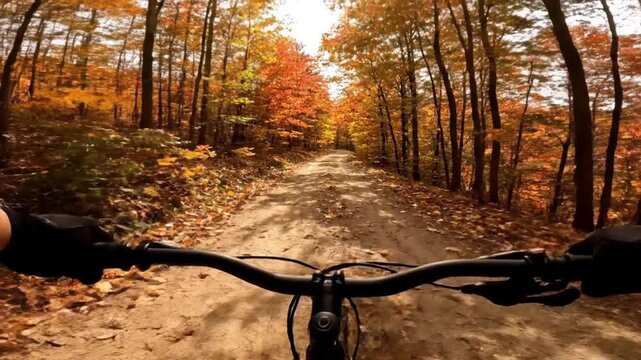 Experience the immersive first-person perspective of cycling through a breathtaking autumn forest. This dynamic point-of-view shot captures the handlebars and gloved hands navigating a sun-dappled dir