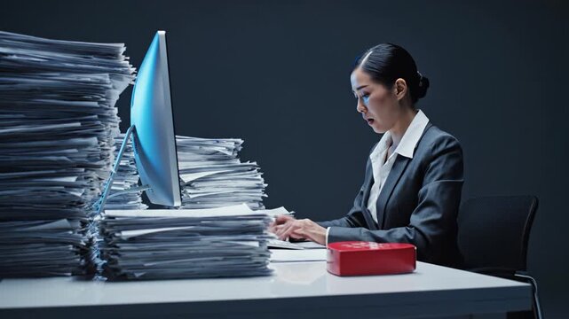 Asian businesswoman works at computer surrounded by huge stacks of documents. She looks tired while working overtime late at night. Ideal for business burnout or high workload concepts.