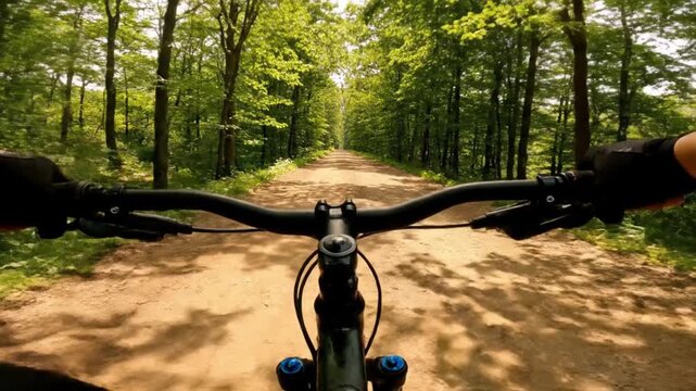 Experience the immersive point-of-view of a bicycle ride through a lush, sun-dappled forest. The camera captures the handlebars and the vibrant green canopy above, as the rider navigates a winding dir