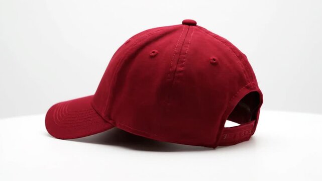 This clean studio shot features a vibrant deep red baseball cap, presented in a crisp side profile against a pristine white background. The cap showcases its textile texture, visible stitching, and cl