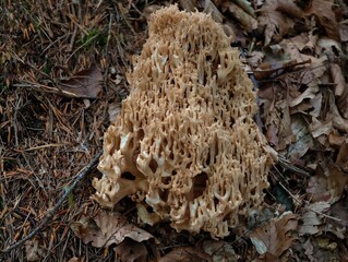 forest floor cauliflower growth, intricate fungus resembling honeycomb on forest ground surface © Nataliia