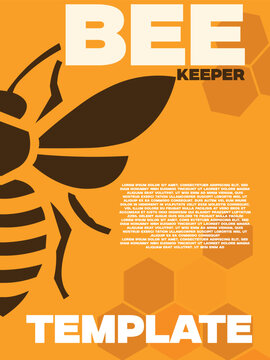 Beekeeper poster template featuring a large bee silhouette and honeycomb patterns on orange background 