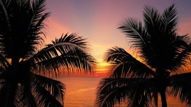 This serene tropical video captures a breathtaking sunset over a calm ocean, showcasing a vibrant gradient of colors across the sky. Silhouettes of two elegant palm trees frame the magnificent view, t