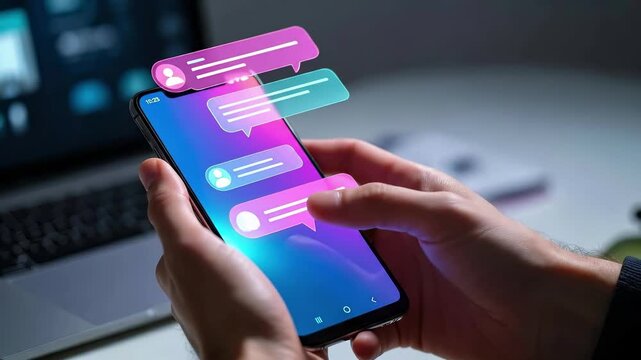 Person holds smartphone with floating chat message bubbles interface. Mobile messaging app displays conversation with text dialogue boxes. Represents digital communication, instant, social networking