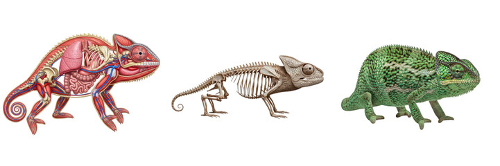 Obraz premium Isolated Chameleon Anatomy Set with Skeleton, Internal Organs and Realistic Chameleon – Transparent Background PNG