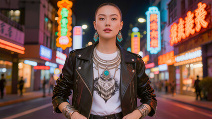 Obraz premium Stylish young Asian woman in leather jacket and ethnic jewelry on neon city street at night.