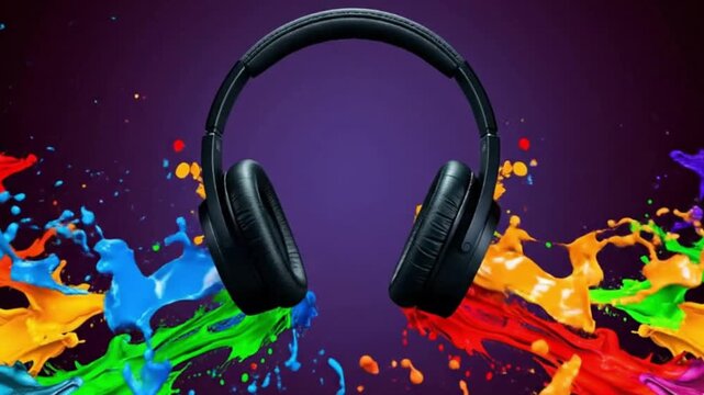 This vibrant visual features stylish black over-ear headphones positioned centrally against a deep purple background, surrounded by an explosive splash of diverse, vivid colors. Dynamic streams of bri