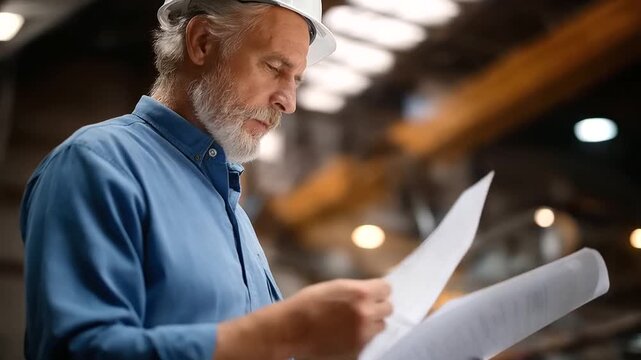 Faceless mature male engineer hands reviewing blueprints factory workshop planning construction project analysis manufacturing facility documentation professional technical rev