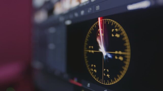 Color correction indicator graph on screen. RGB colour graphic bar on monitor in post process. Telecine stage in video or film production processing. for colorist digital grading