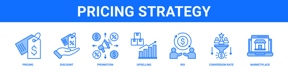 Pricing Strategy web banner icon set collection solid style.