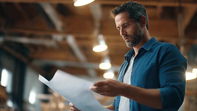 Faceless mature male engineer hands reviewing blueprints factory workshop planning construction project analysis manufacturing facility documentation professional technical rev