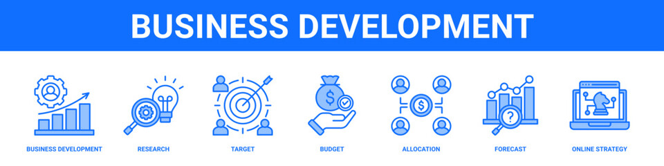 Business Development web banner icon set collection solid style.