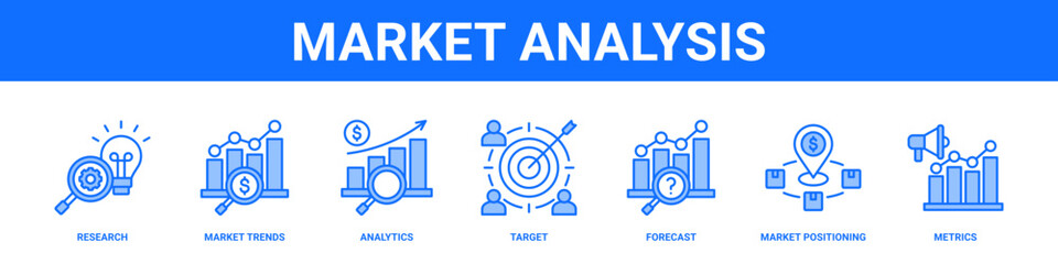 Market Analysis web banner icon set collection solid style.