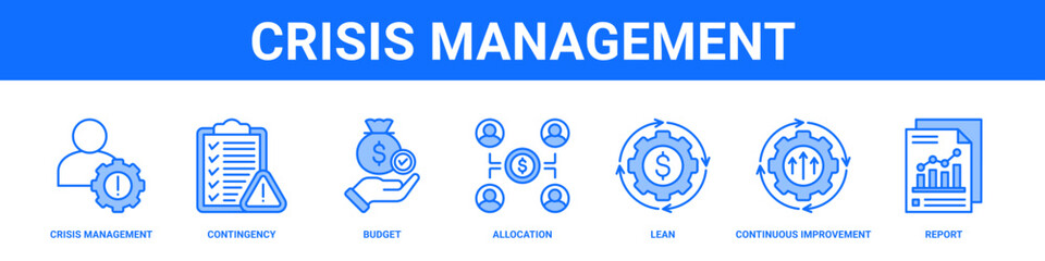 Crisis Management web banner icon set collection solid style.