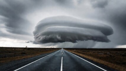 Dramatic roadscape with massive storm clouds and untouched lands.