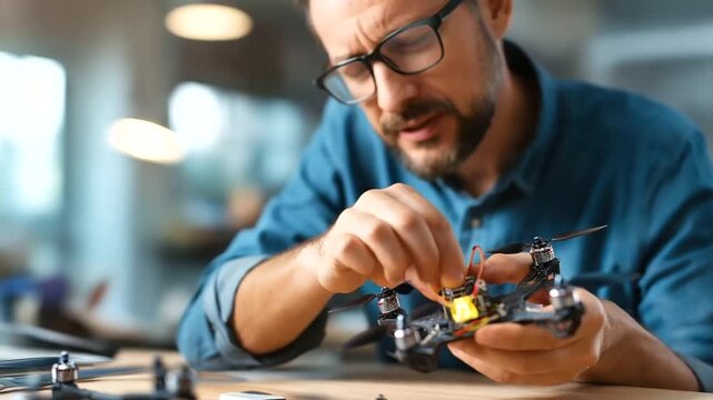 Faceless man hands assembling high speed drone professional use focus internal wiring frame work growing field technology intensive assembly concentration defocused workspace