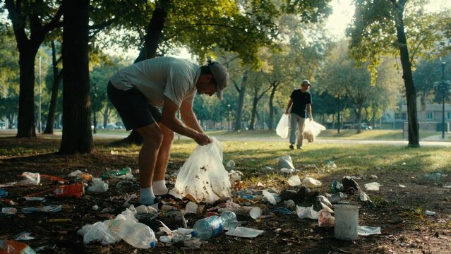 Two men cleaning litter in park: environmental volunteer effort in nature.