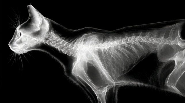 Scientific x-ray image of a cat skeleton showing anatomy structure and veterinary medical research details