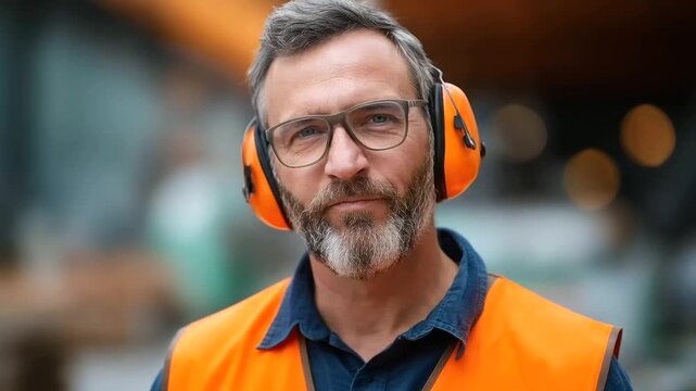 Faceless middle aged worker in safety vest and protective earmuffs industrial setting professional serious work expression manufacturing environment workplace safety equipment