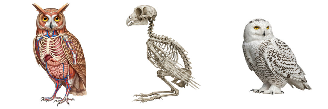 Isolated set of owl features a skeletal system, internal organ diagram, and a realistic owl, transparent background, PNG