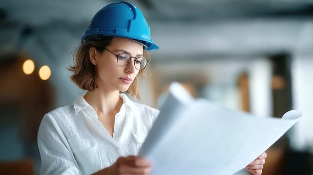 Faceless woman hands holding large blueprint sheet blue hardhat and glasses wearing construction planning display engineering project documentation professional architect work