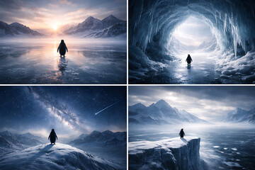 The Penguin's Solitude: A solitary penguin navigates a serene and frozen arctic world. Through four different vignettes, experience the beauty of this icy realm and the penguin's quiet journey. 