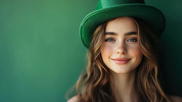 Young woman in a leprechaun hat on a green background.St. Patrick's Day Banner. Copy space. Mock up