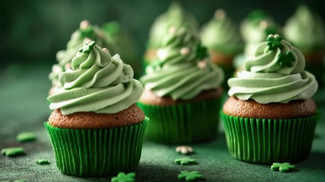 Tasty beautiful festively decorated cupcakes with green clover leaves on green table. St. Patrick's day party. Copy space.