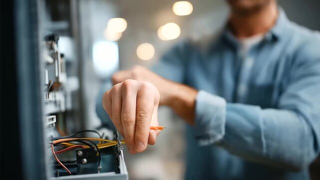 Faceless electromechanical technician hands repairing appliance home equipment fixing residential service work electrical maintenance task professional repair operation