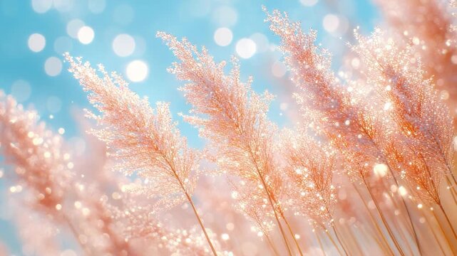 Soft focus image of tall, feathery plants with pink hues against a sky background