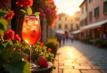 Obraz premium Charming Aperol Spritz Wine Glass Grapevines Lush European Summer Piazza Ambiance Vintage Charm