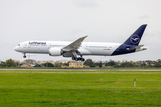 Luqa, Malta - January 25, 2026: Lufthansa Boeing 787-9 Dreamliner (REG: N879BJ) to be registered D-ABQB in Lufthansa service arrives in Malta from Boeing Everett factory to be updated before entering 