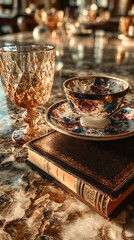 An elegant still scene featuring a floral porcelain cup on a saucer resting atop an antique book, beside a textured glass, illuminated by warm light on a marble surface.