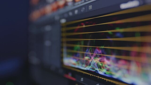 Indicator color signal, table. Close-up of video editing on a computer monitor, showing the editing software interface, timeline, and correction workflow in detail. Laptop or display, Mixing