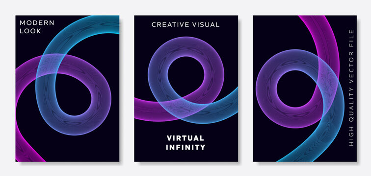 Intertwined blue and purple mesh loops on A3 poster design for creative visuals magazine covers and tech event advertisements