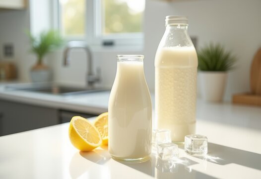 Probiotic Kefir Beverage Health Drink Candid Kitchen Counter Close-Up Focus