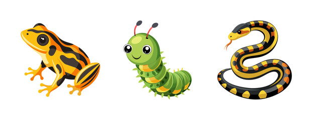 Naklejka premium A colorful vector illustration of a frog, caterpillar, and snake in a flat design style
