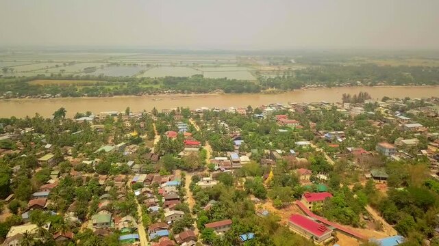  Futuristic aerial view panorama of developing Yangon city , Aerial view of Sule pagoda in downtown, Yangon, Myanmar. Sule Pagoda located in the heart of Yangon, Karaweik royal barge, Kandawgyi Lake, 