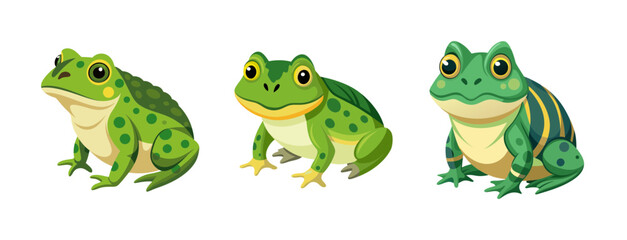 Fototapeta premium A colorful vector illustration of three cartoon frogs in different poses on a transparent background