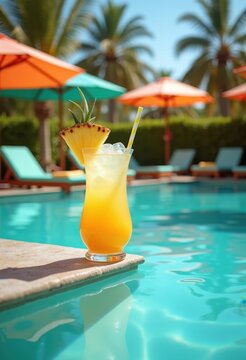 Tropical Resort Poolside Splash with Lush Palm Trees and Refreshing Drink Oasis