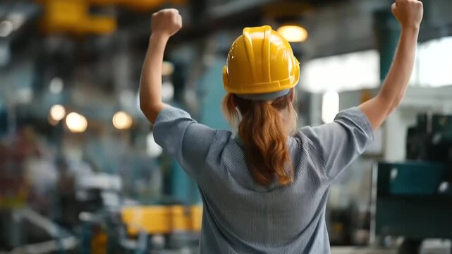 Faceless empowered female engineer in industrial operations strength expertise demonstration production processes leadership machinery handling innovation teamwork technical