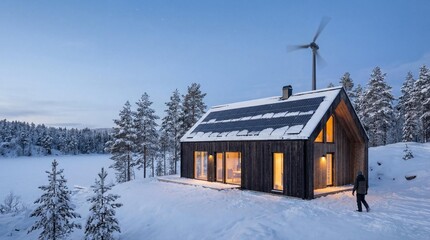 Scandinavian wooden house with solar panels and wind turbine winter