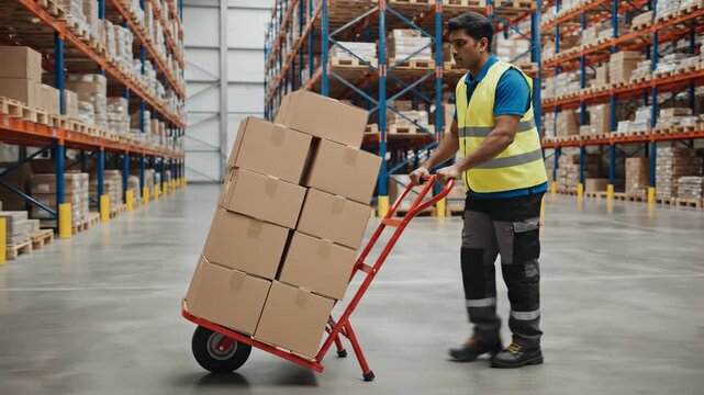 Male warehouse worker pushing a hand truck loaded with cardboard boxes. Logistics and supply chain operations in a modern distribution center. Copy space