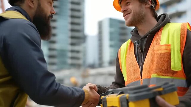 Faceless engineers giving toolbox to coworker on rooftop safety gear wearing working together collaboration task focus teamwork professional equipment sharing defocused urban