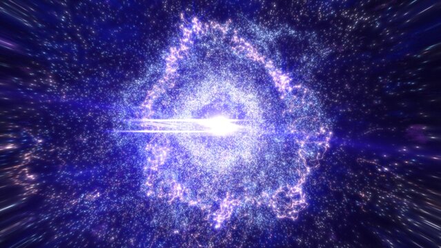 Abstract space galaxy with stars and planets spinning from particles and dots glowing bright futuristic on a black background. Abstract background