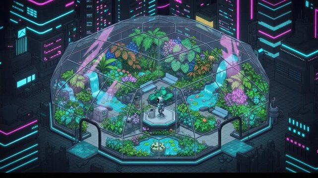 Neon-lit futuristic city surrounds a lush, glass biodome