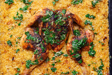Spachkok  roast chicken with rice and lemon parsley sauce .top veiw