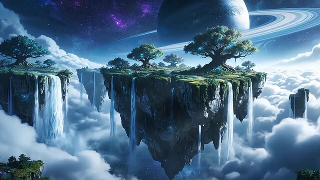 Enchanting floating islands with waterfalls cascade into clouds under a cosmic sky with planets.